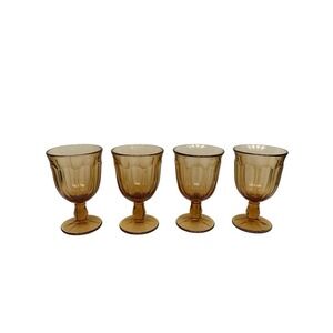 Noritake Amber Glass Goblets Set of 4 Brown Vintage Paneled Scalloped Rim 5.5"